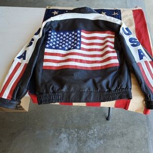 All leather jacket with US flag, usa on sleeves
